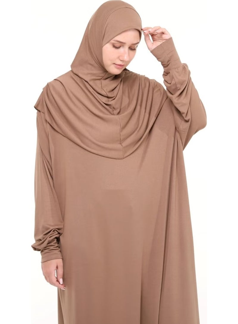 Altobeh Practical One Piece Cotton Bat Sleeves Removable Organic Hijab Prayer Dress with Headscarf - Milk Coffee - Image 5